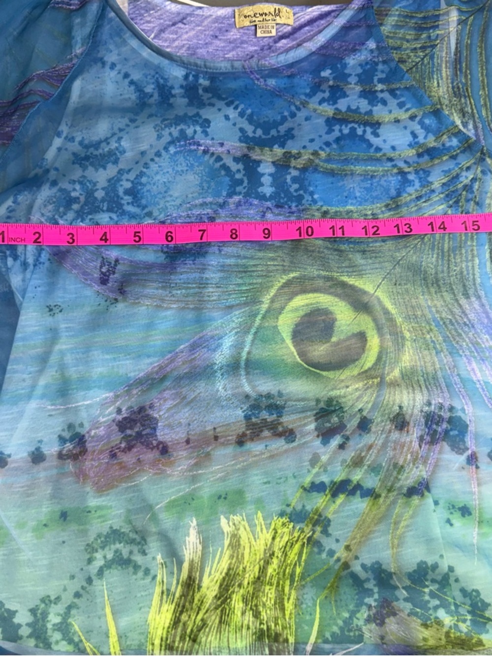 Blue Peacock-Print Chiffon overlay Women's Top - Picture 3 of 7